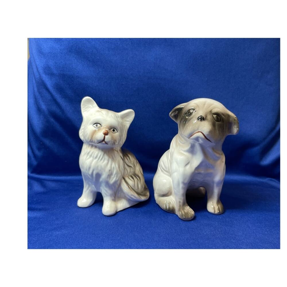 Vintage Pair Cat and Dog Brown and White Porcelain Figurines